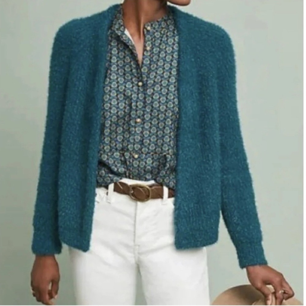 Anthropologie Sleeping on Snow Teal Eyelash Knit Open Front Cardigan Sweater